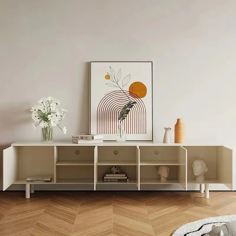 Interior Design White And Wood - حامل تلفاز أبيض فاخر، تخزين أنيق،